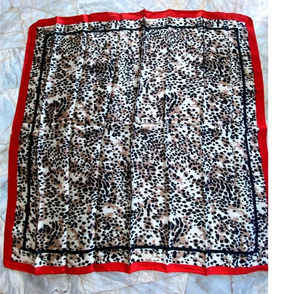 Leopard Print Square Scarf Red Border Black Trim Animal Print Silky Neck Wrap